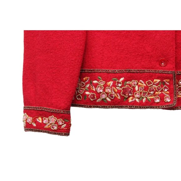 Talbots Jacket Size Large Petite 100% Wool Red Classic Embroidered Sequin Beaded - Picture 4 of 15